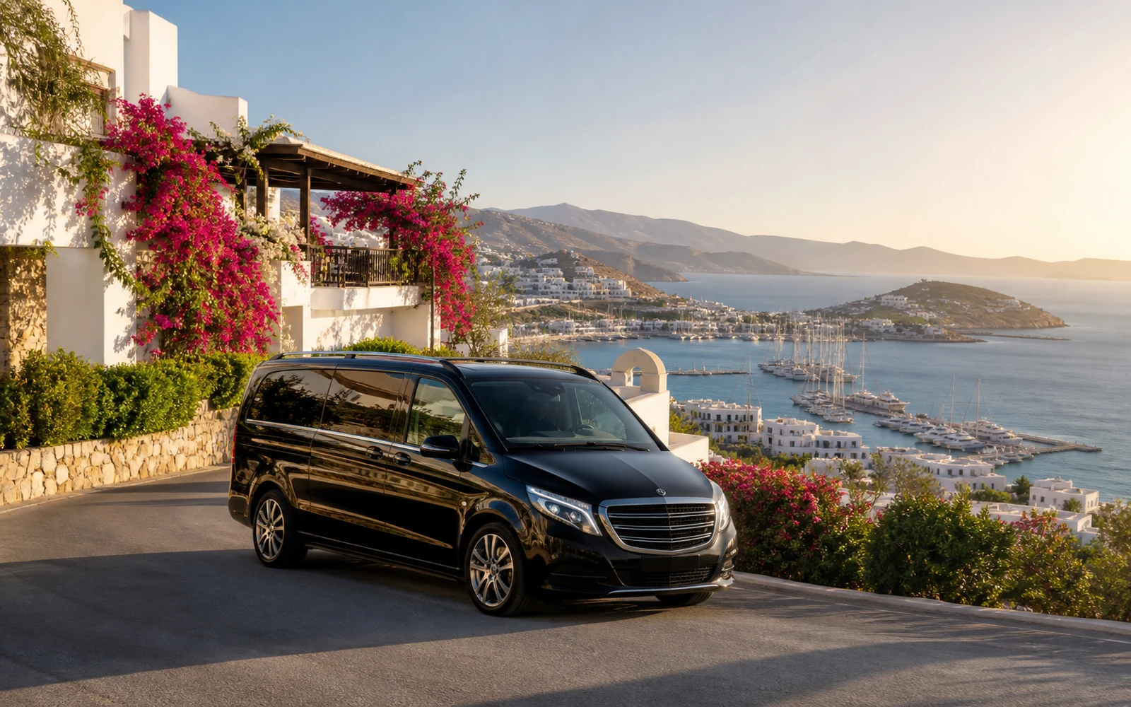 Private Bodrum Airport transfer vehicle overlooking the Aegean marina