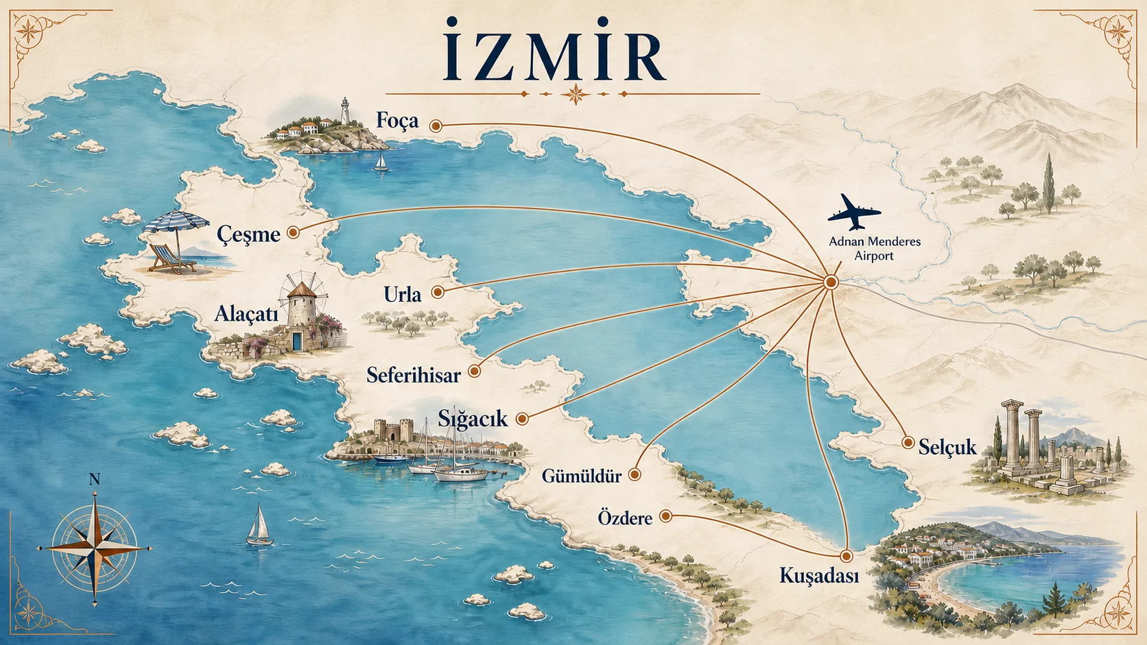Illustrated Aegean holiday transfer routes from Izmir Airport