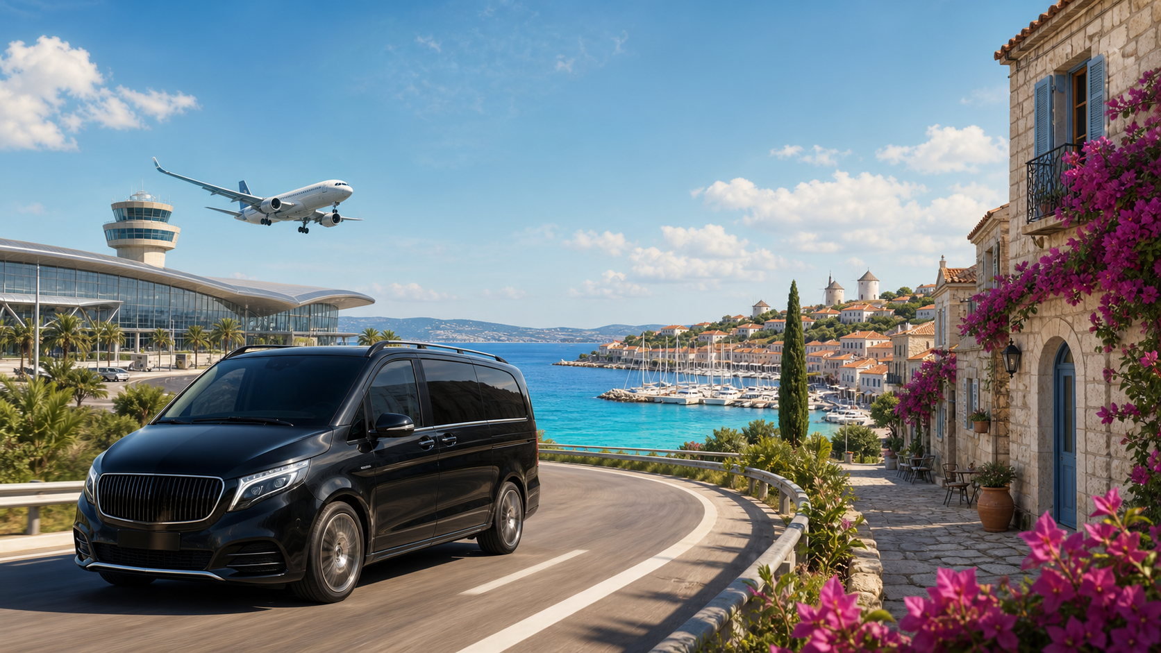 Original illustration of private VIP transfer from Izmir Airport to Cesme and Alacati