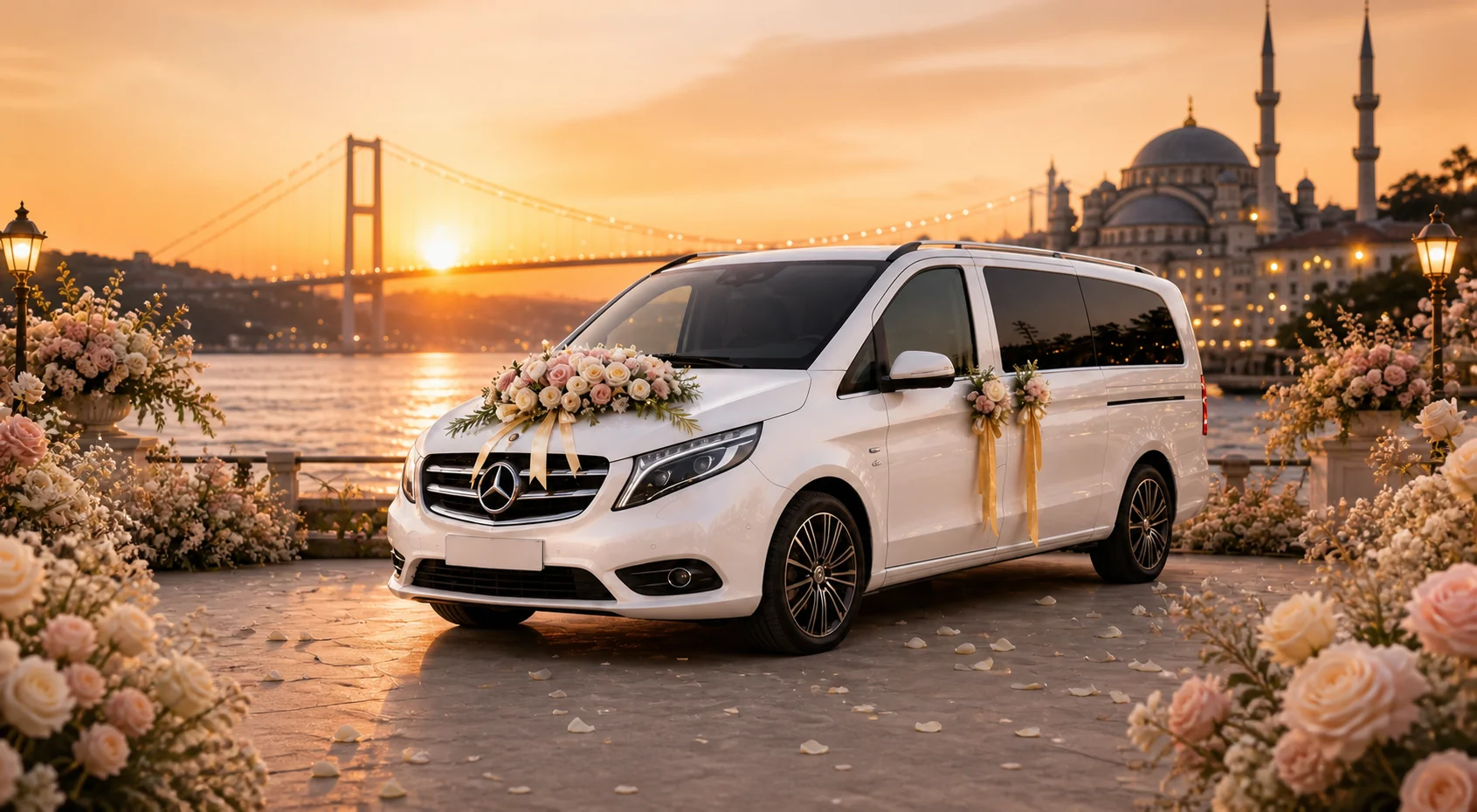 Decorated wedding car with chauffeur in Istanbul