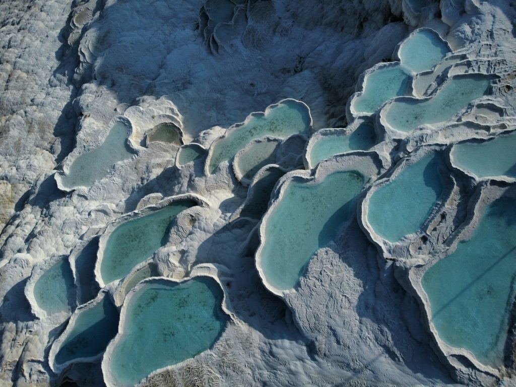 Aerial view of the white travertine pools of Pamukkale